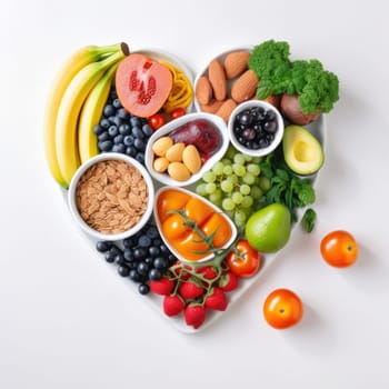 This heart-shaped platter of fresh fruits and vegetables is not only beautiful but also packed with vitamins, minerals, and antioxidants to nourish your body. AI Generative.