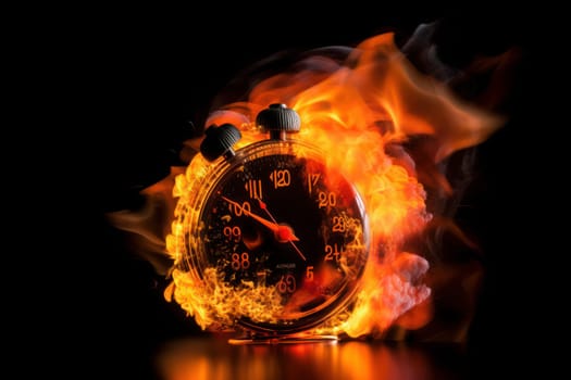 A black round alarm clock with large numbers on a dark background, surrounded by burning hot particles, representing the urgency of time. Is AI Generative.
