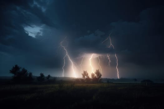 A dramatic and moody landscape of a storm approaching a vast open field, with the power and energy of nature on full display. AI Generative.