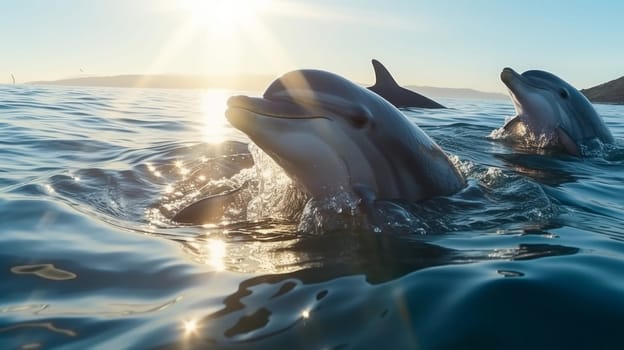 School of dolphin swimming in blue ocean. Marine and wildlife concept.