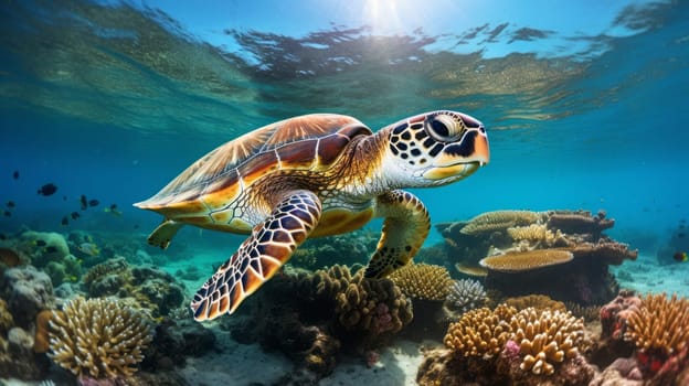 Marine turtle swimming on deep blue ocean. Marine turtle and wildlife concept