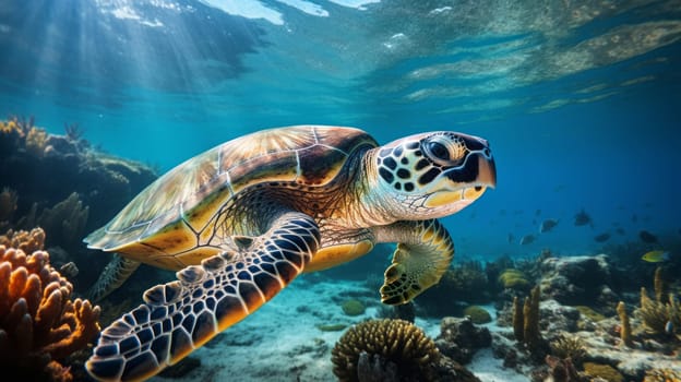 Marine turtle swimming on deep blue ocean. Marine turtle and wildlife concept