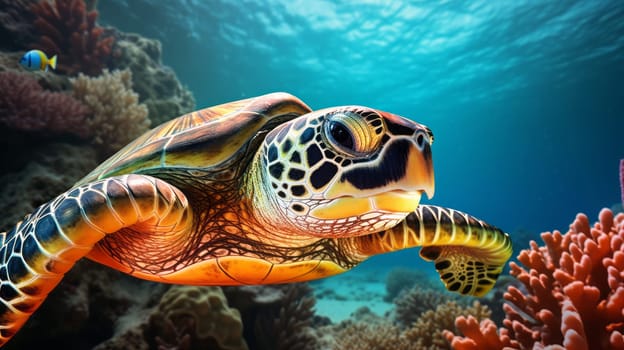 Marine turtle swimming on deep blue ocean. Marine turtle and wildlife concept
