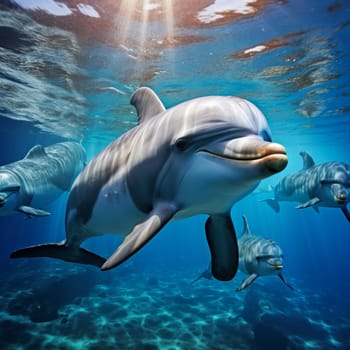 School of dolphin swimming in blue ocean. Marine and wildlife concept.