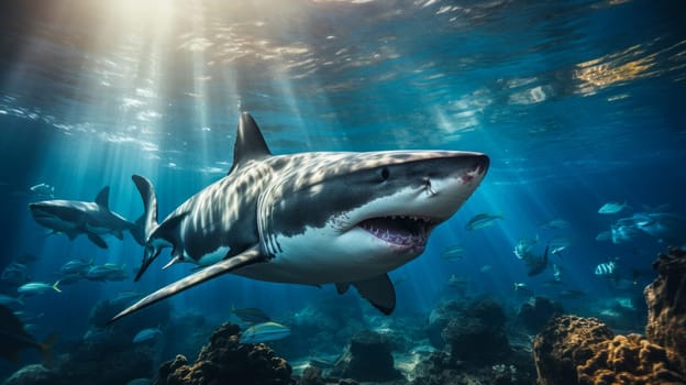 Shark swimming on deep ocean. Wildlife concept.