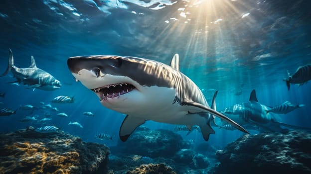 Shark swimming on deep ocean. Wildlife concept.