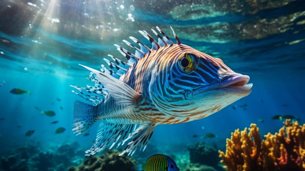 Close up of tigerfish on blue ocean.