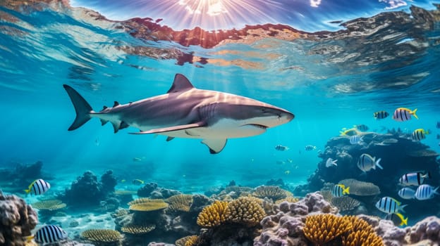 Shark swimming on deep ocean. Wildlife concept.
