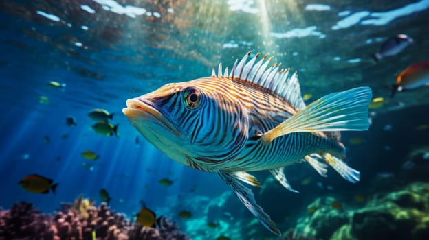 Close up of tigerfish on blue ocean.