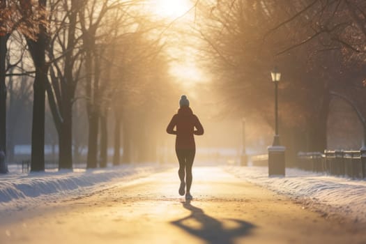 Young woman running outdoor during workout on winter day. Woman jogging in park. Active woman. Cardio training. Physical fitness. Cardio workout. Healthy lifestyle. Daily routine. Body exercises