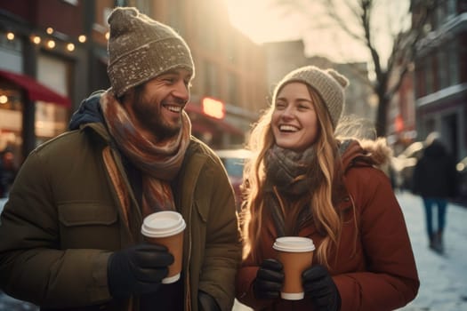 Positive couple having hot drinks on the go outdoors on winter day. Having fun, having conversation, talking together. Young people are having a walk with hot drinks. Enjoying coffee on the go. People dressed warm standing in a street downtown
