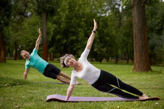 Senior couple standing on side plank exercising for wellbeing outdoors in park. Activity elderly family practicing yoga for endurance, strength and health