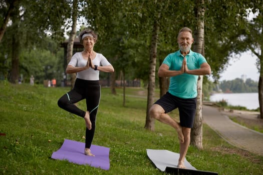 Older active couple doing yoga exercise outdoors at city park. Senior man and woman practicing tree asana with hands folded in Namaste sign balancing on one leg