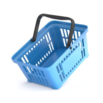 Blue plastic shopping basket angled 3D rendering illustration isolated on white background