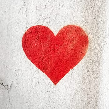 Red love heart spray painted on wall background. One red heart painted on concrete fence backdrop. Happy Valentines day. 14th february.