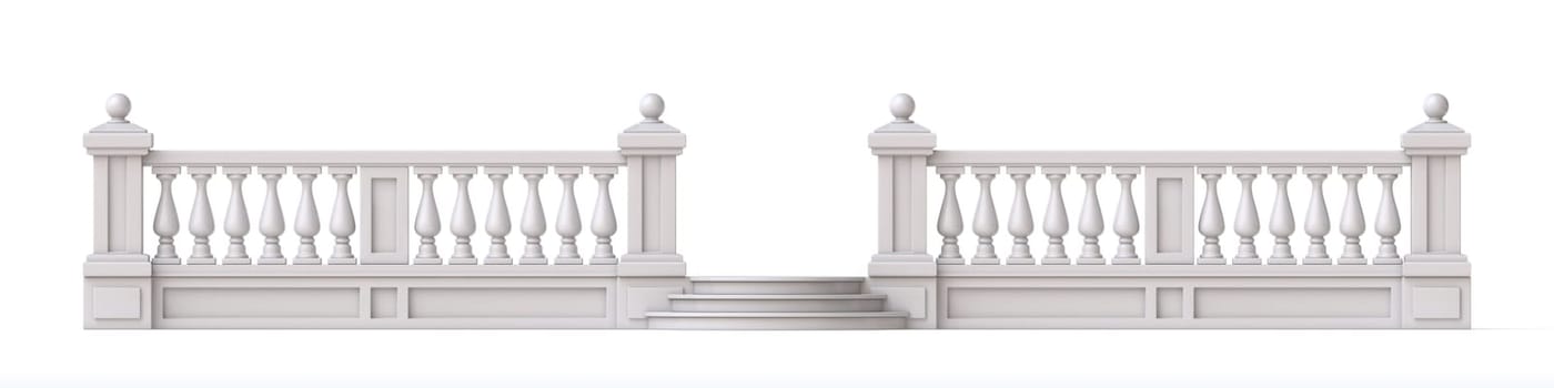 White stone fence with gate and stairs 3D rendering illustration isolated on white background