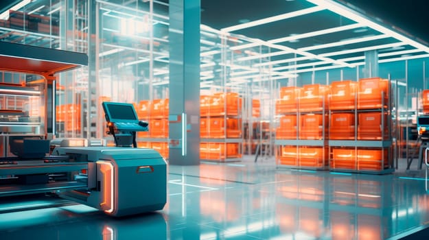 Interior of Modern Warehouse With Computers. Warehouse Inventory management. Supply Chain Shipping Warehouse Goods. Supplies Warehouse Logistics. AI generated
