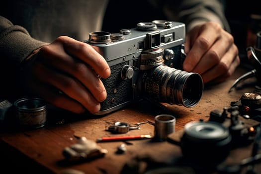Man repair broken vintage film camera. Close up hands of male technician repairing camera. AI generated