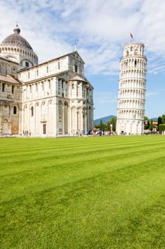 Pisa, Italy - 29 June 2023: Famous Leaning Tower landmark with blue sky, Renaissance white marble