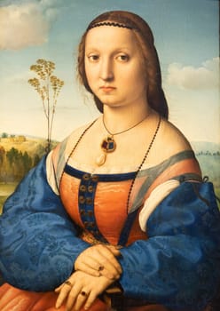Florence, Italy - June 2022: Portrait of Maddalena Doni, 1506, by Raffaello Sanzio. Raphael - Renaissance painting masterpiece