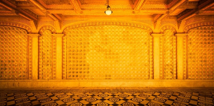 Old palace wall. Antique empty decorated interior with traditional floor, nobody