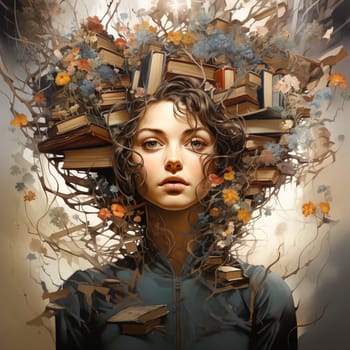 Woman surrounded by books, creative mind, exploding brain full of ideas and imagination, education concept, world book day