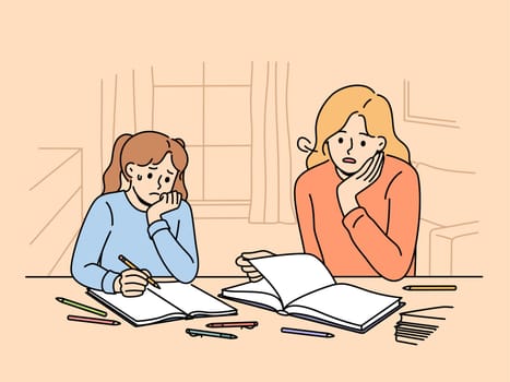 Woman helps teenage daughter do extracurricular work and is upset by child lack knowledge and poor education. Teen girl receives education at home and suffers from need to communicate with classmates