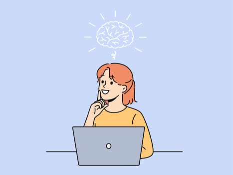 Smiling girl is doing brainstorming sitting near laptop and thinking about best solution to problem. Schoolgirl doing brainstorming about getting online education on school website