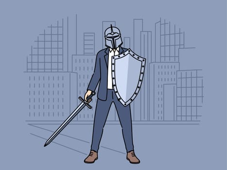 Business man with knight shield is preparing for battle, concept of corporate wars between competitors. Business warrior with sword in hand experiences ambition to fight problems and grow career