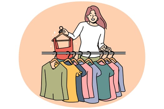 Smiling young woman buying clothes in fashion boutique. Happy female buyer or client choose apparel in shop. Style and consumerism. Vector illustration.