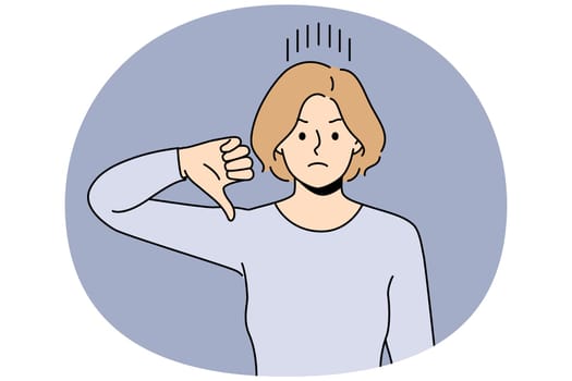 Unhappy young woman show thumb down dissatisfied with bad quality service. Upset distressed female demonstrate dislike and disapproval. Vector illustration.