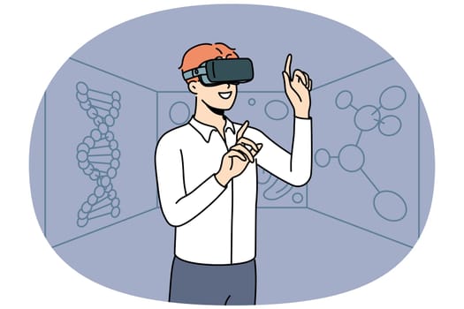 Smiling young man in VR glasses explore chemical elements. Happy male researcher or scientists in virtual reality headset discover chemistry. Vector illustration.