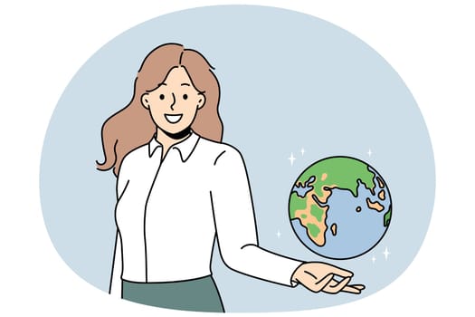Smiling young female teacher holding globe on hand. Happy woman geography tutor showing planet Earth model. Education and learning. Vector illustration.