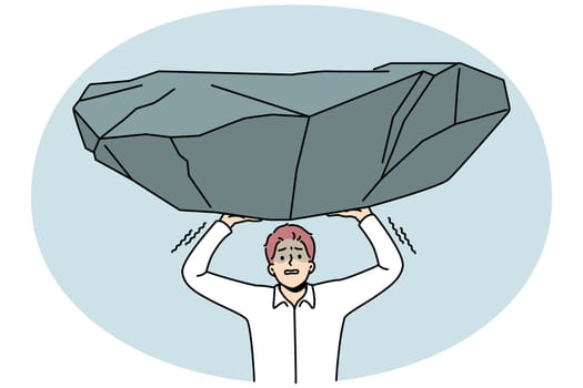 Stressed businessman hold heavy stone suffer from workload. Unhappy distressed male employee struggle with boulder burden, overwhelmed with job. Vector illustration.