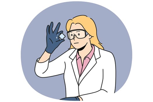 Young woman in white uniform look at chemical element make experiment. Smiling female researcher or scientist in glasses analyze object. Vector illustration.