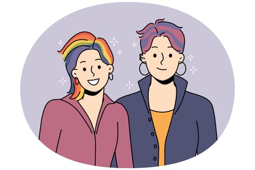 Smiling couple with colorful hair support LGBTQ movement. Happy people in cool funky image stand with LGBT community. Freedom and pride parade. Vector illustration.