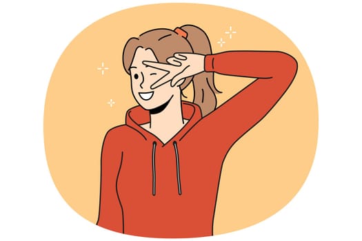 Smiling girl teenager show hand gesture feeling optimistic and joyful. Happy woman in hoodie have fun make facial expression. Vector illustration.