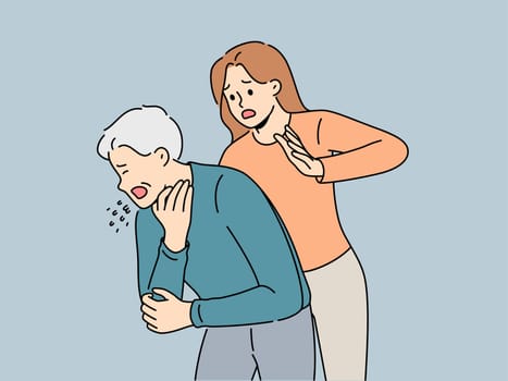 Woman performs heimlich maneuver for choking old man who needs help due to airway obstruction. Sick human choked on food and coughed standing near girl ready to do heimlich maneuver