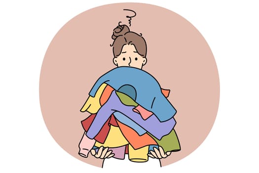 Confused young woman holding stack of dirty clothes. Confused unhappy girl with pile of clothing. Laundry day. Vector illustration.