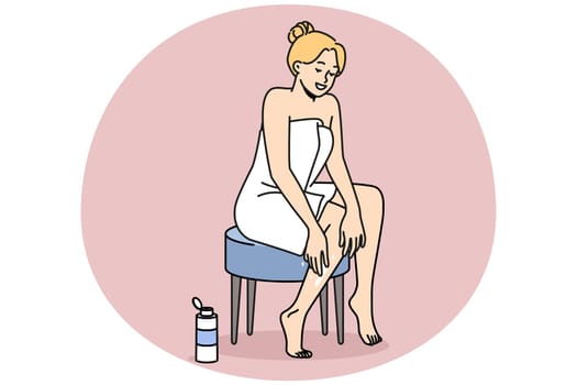 Smiling young woman in towel after shower put lotion on legs. Happy girl enjoy beauty procedures apply balm on body. Wellness concept. Vector illustration.