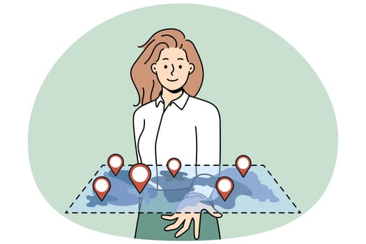 Smiling businesswoman holding map with marked locations on hand. Happy woman look at digital plan with GPS marks. Vector illustration.
