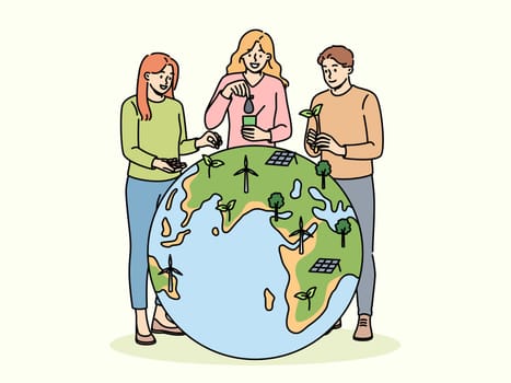Human volunteers stand near globe and place trees and wind or solar generators on planet to combat CO2. Eco activists and volunteers take care of nature and save environment from harmful CO2 emissions