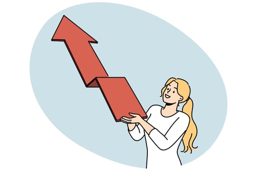Smiling businesswoman holding arrow facing up. Happy female employee or worker demonstrate progress and success. Vector illustration.