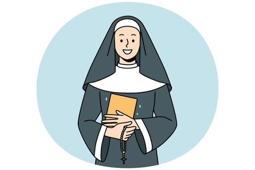 Smiling nun in traditional robe holding bible and rosary in hands. Happy religious sister with beds. Faith and religion. Vector illustration.