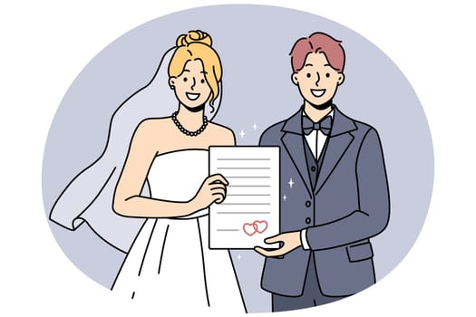 Smiling bride and groom holding marriage certificate excited about starting family. Happy couple in bridal dress and suit on wedding day. Vector illustration.