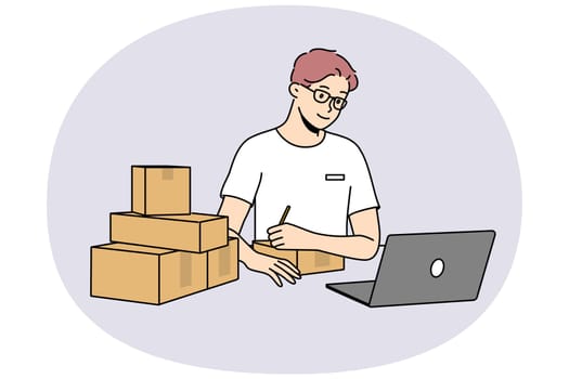 Young man in glasses look at laptop sign parcels at post. Smiling male worker write address and receiver on package in postal office. Vector illustration.
