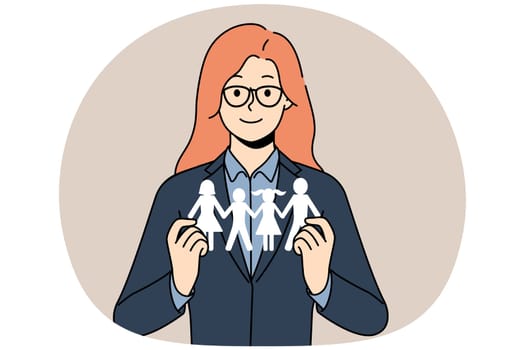 Smiling female social worker holding family paper model in hands. Happy woman help with problems for parents and children. Aid and assistance. Vector illustration.