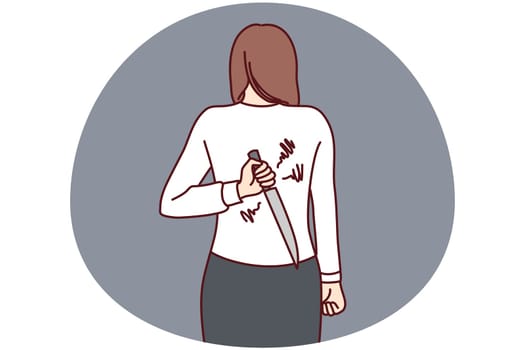 Woman hiding knife behind back ready to betray or attack. Businesswoman with weapon hidden. Risky deal or rivalry. Vector illustration.