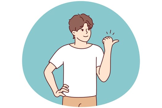 Smiling young man point at empty copy space aside. Happy male show with finger good sale deal or promotion. Recommendation. Vector illustration.