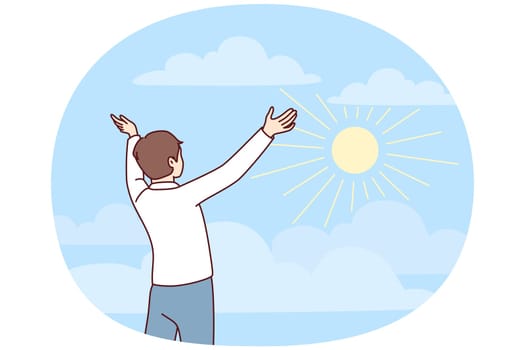 Happy young man stretch hands welcome sun in nature. Smiling female recovered from psychological mental problems excited with happy life. Vector illustration.